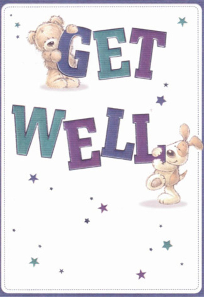 This get well card, cherished in Queensbury for its soft optimism, showcases a playful bear and a gentle puppy sharing in the task of spreading comfort-reminding us of the easy camaraderie found on a stroll through Chandos Recreation Ground. The bear, its fur a soothing honey-brown, reaches over the word 'GET' with a look of quiet encouragement, while the puppy, with expressive eyes and plush cream fur, curls beside the jubilant 'WELL.' The letters themselves are large and lively, shaded with gradients of regal purple and tranquil teal, standing out boldly against a snowy white background. Scattered between the characters, whimsical stars in shades of sapphire and amethyst seem to dance, each one a glimmering hope like the vibrant blooms selected for a get well bouquet by a thoughtful local florist. The tactile appeal of the hand-illustrated fur and rounded forms creates a sense of comfort, calling to mind the soothing embrace of a soft blanket or the familiar smells of fresh flowers filling a home off Kingsbury Road. This scene is imbued with kindness and innocence, a fitting companion to a floral arrangement meant to uplift and soothe. Taken together, the card and a bouquet from a favourite Queensbury shop offer not just a wish for wellness, but a promise of gentle support and genuine warmth.