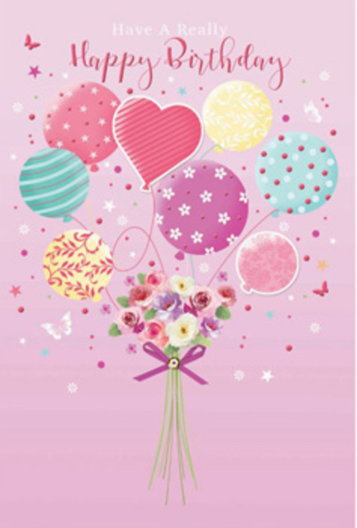 This illustrated birthday card presents a floating celebration that looks as though it could drift right over Queensbury Station and down into a loved one's hands. The background is a smooth wash of soft pink, creating a calm, romantic canvas that allows the colours of the balloons and bouquet to truly sing. Rising from the centre is a cluster of pastel balloons, airy and round, some gently elongated, all hovering as if weightless. Each balloon carries its own cheerful character: delicate candy-striped ribbons curl around a few; others are scattered with small, dancing polka dots; some are adorned with miniature blossoms and swirling patterns that mimic the playful doodles of a birthday note. The colours move through tender shades of blush, sea green, buttery yellow, and lilac, merging in an easy, harmonious way. Just below, a compact arrangement of flowers anchors the design, imagined as roses and daisy-like blooms in tones of cream, blush, and soft plum. Their petals are softly layered and slightly ruffled, suggesting real, freshly cut flowers that might have come from a local Queensbury florist. A purple satin bow is tied firmly yet gracefully around the stems, its sheen adding a touch of sparkle and refinement. Gentle light spills over everything, glinting off the curved surfaces of the balloons and catching on the subtle contours of each petal, so the entire artwork seems to glow with birthday warmth. Small butterflies and tiny stars float nearby, hinting at wishes made, candles blown out, and the quiet, cherished joy of being celebrated by someone who cares.