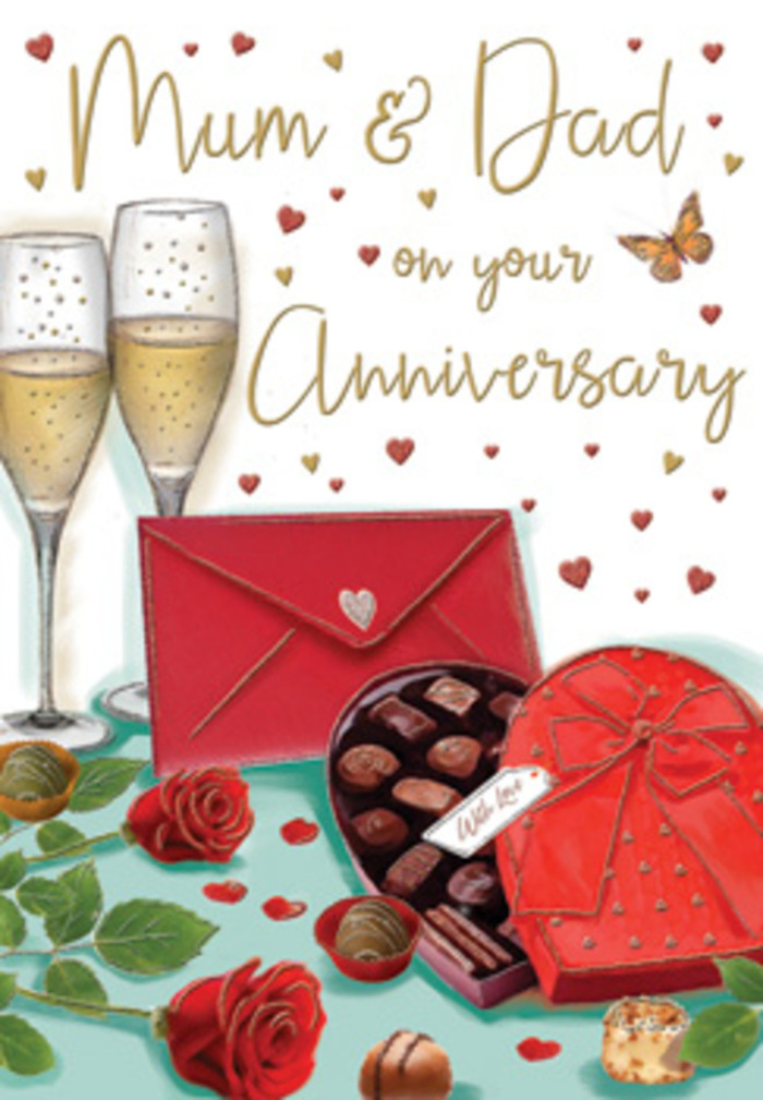 This detailed anniversary card artwork is composed like a miniature celebration scene, layered with textures and colours that echo a warm family gathering in Queensbury. The eye is first drawn to the deep red roses, arranged low on the table, their petals rendered in velvety folds that look almost touchable, each bloom framed by glossy green leaves that give a fresh, garden-picked feel. Close by, a heart-shaped chocolate box occupies pride of place, its rich crimson surface finished with a wide satin bow, loops and tails tumbling over the lid. The box is open, revealing carefully arranged chocolates, inviting thoughts of sweet treats shared between partners after a meal at home. Rising gracefully behind them, a pair of champagne flutes stand side by side, filled with pale golden champagne; tiny bubbles catch soft reflections, suggesting gentle lamplight rather than bright midday sun, as if the toast is about to happen in a quiet Queensbury dining room. All around, small crimson and gold hearts drift across a pale background, circling a hand-lettered message dedicated to "Mum & Dad," and adding a sense of movement and joy without overwhelming the central elements. A bright red envelope lies on the tabletop, neatly sealed and slightly overlapping the chocolates, hinting at a private, heartfelt message inside, perhaps written by grown-up children living just off Honeypot Lane or near the local shops. Subtle highlights on the glass and ribbon, the soft shadows, and the careful balance of reds, golds, and greens create an atmosphere of gratitude, romance, and enduring family love, like a snapshot of an anniversary moment ready to be remembered.