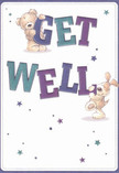 Radiating the friendly spirit of Queensbury's close-knit community, this get well card features a lovable bear and an energetic puppy-two whimsical companions who seem almost ready to leap off the page and deliver a dose of comfort in person. The bear's soft caramel fur and the puppy's playful dark-tipped ears are illustrated with such care that you can almost feel their plush textures, much like the tactile delight of a hand-tied posy from Queensbury's local florists. Together, they balance and cradle the bold, cheerful letters of 'GET WELL,' each one shaded vibrantly in purple and teal to stand out against a luminous white backdrop. Throughout the design, shimmering stars scatter in various cool shades-blues, purples, even the occasional touch of silver-suggesting hope and tenderness. There's a sense of motion and celebration in the scene, as if the heartfelt message is being carried through every street and green space from Mollison Way to the bustling heart of town. This card is a visual hug: bright, uplifting, and designed to chase away grey days. Paired with a fresh bouquet, its message becomes a powerful salve-sending warmth, encouragement, and the unique charm of Queensbury straight to a loved one in need.