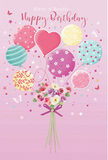 This birthday card design feels like a delicate party scene captured mid-float, the sort of illustration that could easily be imagined in a window along a cosy Queensbury side street. A soft pink background forms a warm, flattering backdrop, like the inside of a wrapped gift just being opened. At the centre, a loose bouquet of pastel balloons rises upward, tied together as though gently tugging a little garden into the sky. Each balloon offers its own playful pattern: some are banded with curling ribbon stripes, others freckled with polka dots or scattered blossoms, and a few traced with swirling, whimsical lines. The colours mingle in tender pastels - pale rose, sea-glass green, lemon yellow, and lavender - creating a soothing yet celebratory palette. At their base rests a neat, hand-tied cluster of flowers, interpreted as soft roses and anemone-like blooms in creamy ivory, blush pink, and muted mauve. Their petals look velvety and full, layered in gentle curves that suggest freshly arranged stems from a trusted local shop. A violet satin bow pulls the bouquet together, its glossy loops catching the light like the finishing touch on a carefully chosen birthday present. The whole composition is bathed in soft, luminous light, highlighting the shine of the balloons and the natural glow of each petal. Tiny stars and fluttering butterflies drift around the arrangement, adding a whisper of magic, as though birthday wishes are floating just above the bouquet. The scene radiates kindness, celebration, and that special feeling of being thought of on your birthday in Queensbury.