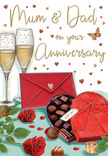 The illustrated anniversary card shows a romantic, thoughtfully arranged tabletop that could easily belong in a Queensbury home preparing to celebrate Mum and Dad. In the foreground, two sumptuous red roses lie nestled in a bed of green foliage, their petals drawn with gentle curves and layered shading that makes them appear plush and newly cut, as if they have just been brought in from a local florist. Nearby, a heart-shaped box of chocolates becomes a focal point of indulgence; its rich scarlet lid is tipped open to display neat pieces of chocolate, while a voluminous red bow tied around the box glows with a satin sheen, catching the ambient light. Behind this, two tall champagne flutes stand close together, the clear stems and bowls reflecting warm tones as tiny bubbles rise through the pale golden drink, suggesting that a celebratory toast is moments away. Around them, delicate golden and crimson hearts seem to glide across the softly coloured background, framing an affectionate hand-lettered greeting to "Mum & Dad" that feels both personal and playful. Resting on the table is a bright red envelope, sealed and slightly angled, hinting at a handwritten note full of loving words and shared memories, perhaps composed earlier that day in a quiet corner of a Queensbury kitchen. The gentle highlights on the glassware, the depth of colour in the roses, and the comforting mix of chocolates and champagne all combine to create an impression of warmth, togetherness, and enduring affection, like a tender anniversary moment paused in time just before the family gathers to celebrate.